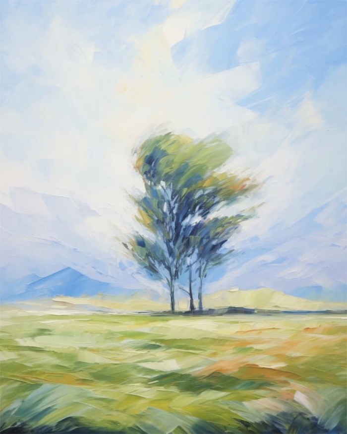 Trees on a windy meadow, blue sky