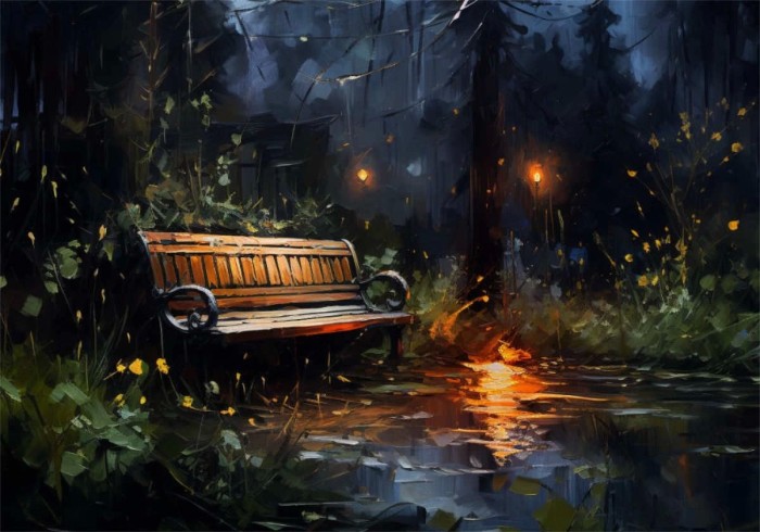 Garden bench in the night, warm lights in the background