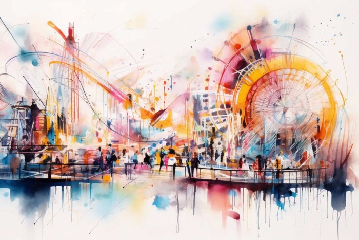 Funfair with vibrant colours, watercolour effect digital painting