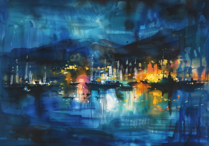 View from the water at night in a harbour