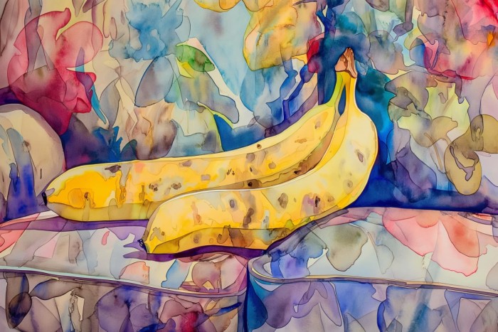 Two bananas on a colourful couch
